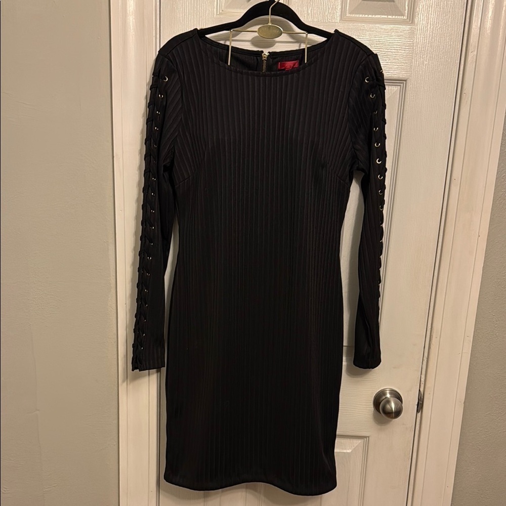 Elegant Black Dress with Lace-Up Sleeves